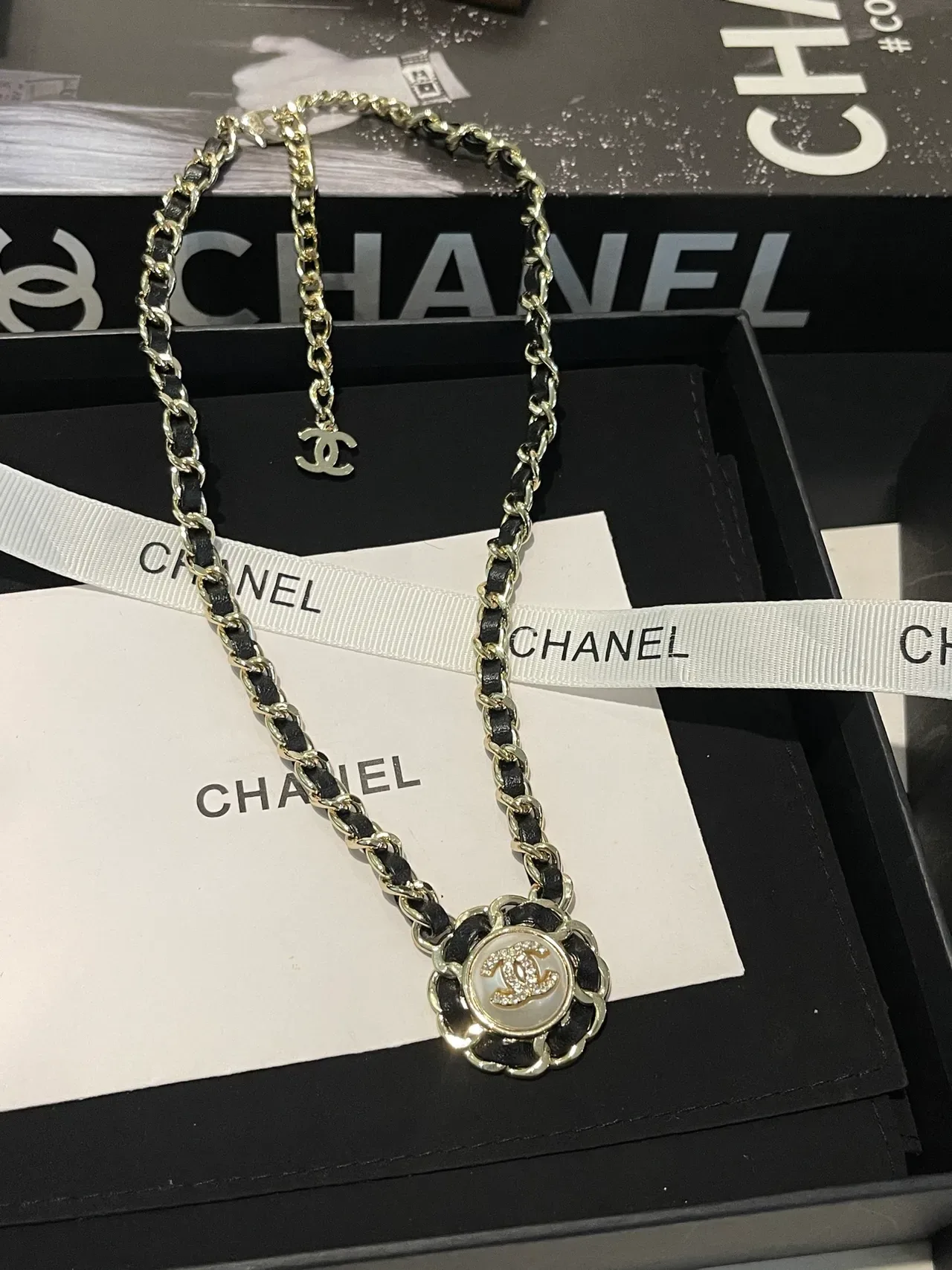 Chanel Black Gold Chain-and-Leather Link Construction Camellia-Inspired Pendant Frame Necklace 7
