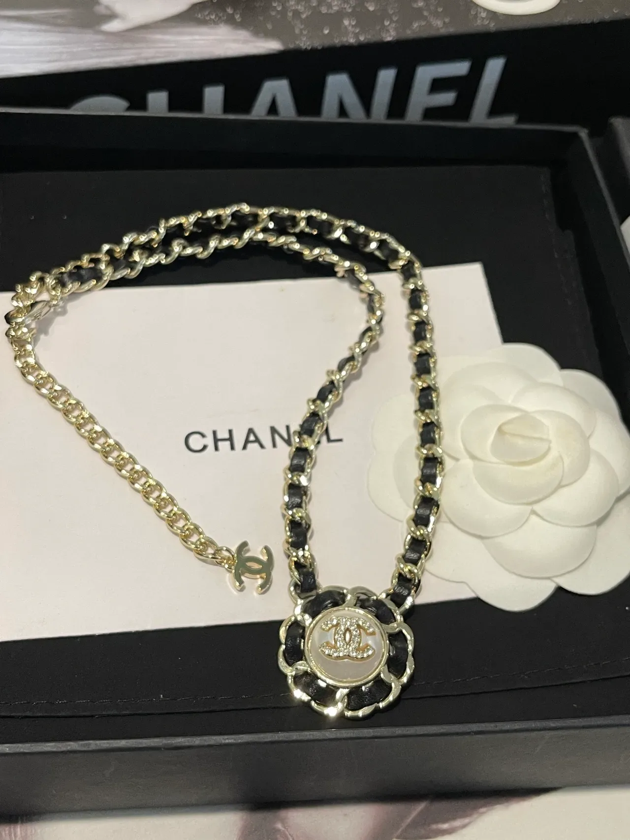 Chanel Black Gold Chain-and-Leather Link Construction Camellia-Inspired Pendant Frame Necklace 9