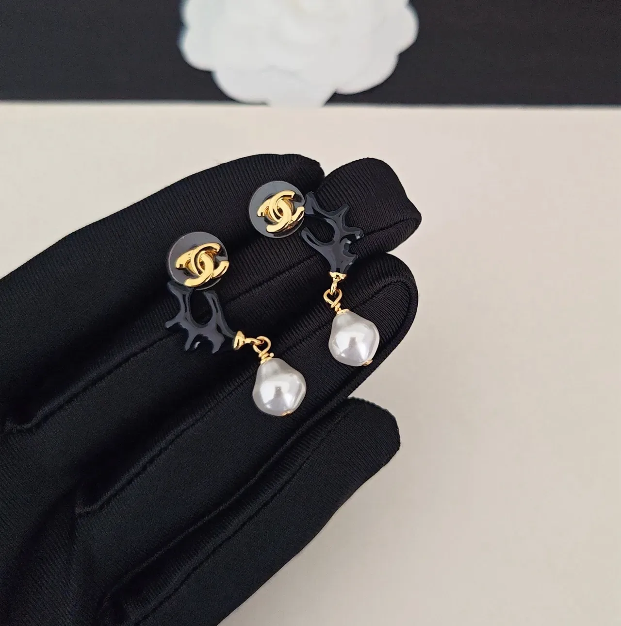 Chanel Black Resin Antler Pearl Drop Earrings 2