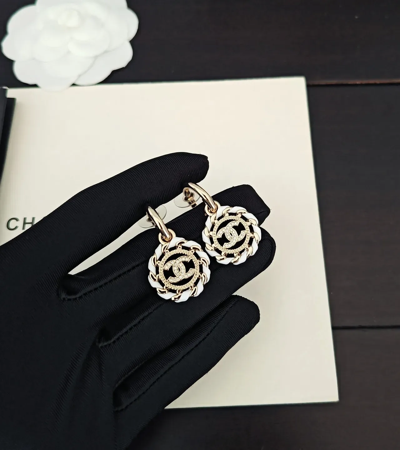Chanel CC Chain Motif Gold-Tone and White Earrings 2
