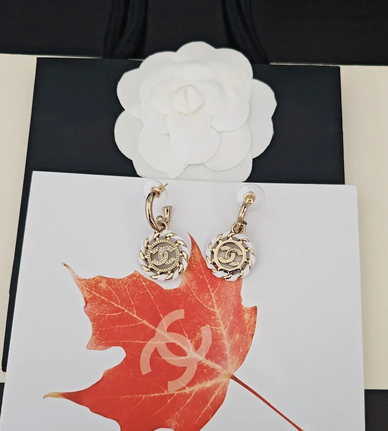 Chanel CC Chain Motif Gold-Tone and White Earrings 3
