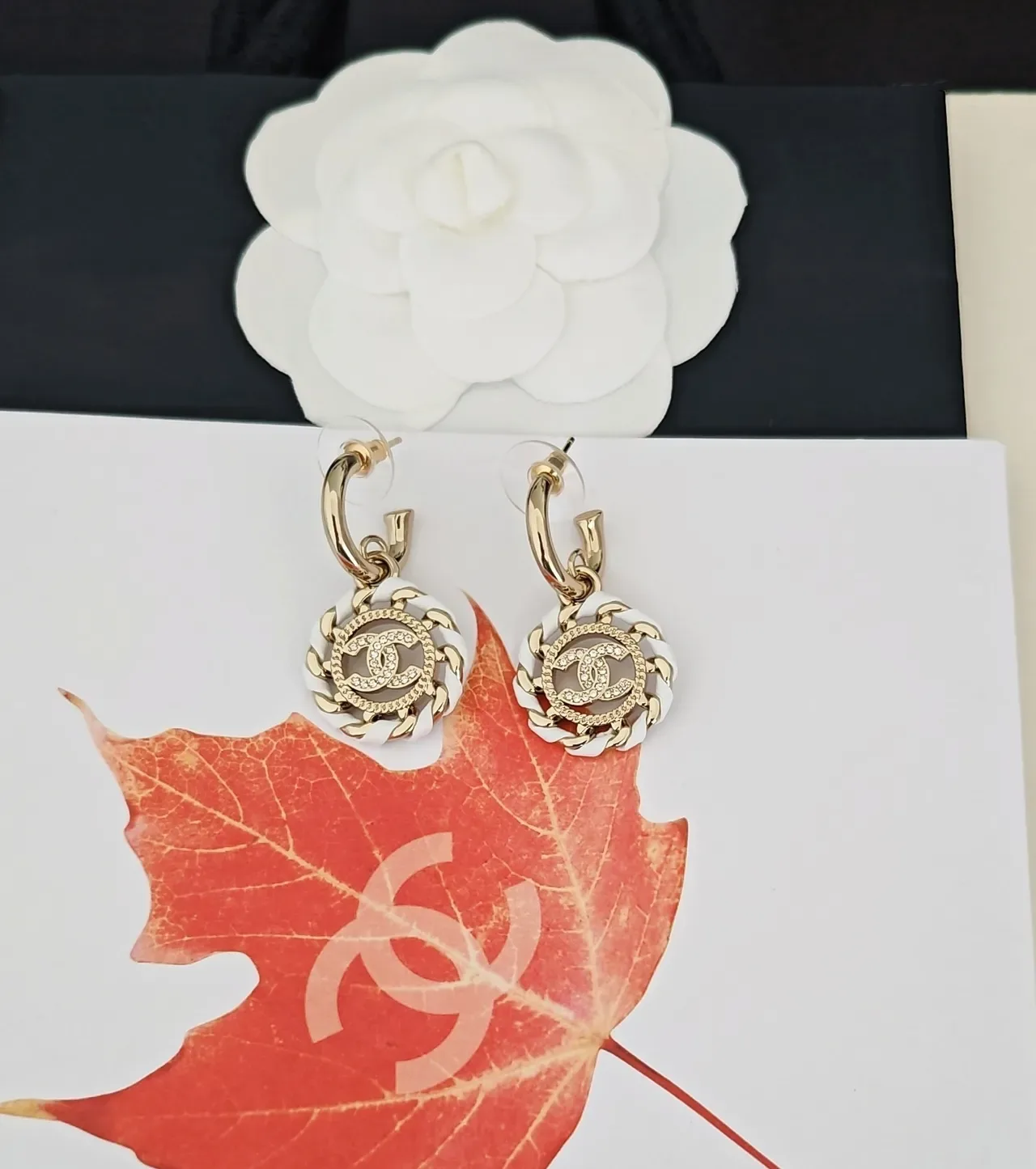 Chanel CC Chain Motif Gold-Tone and White Earrings 4