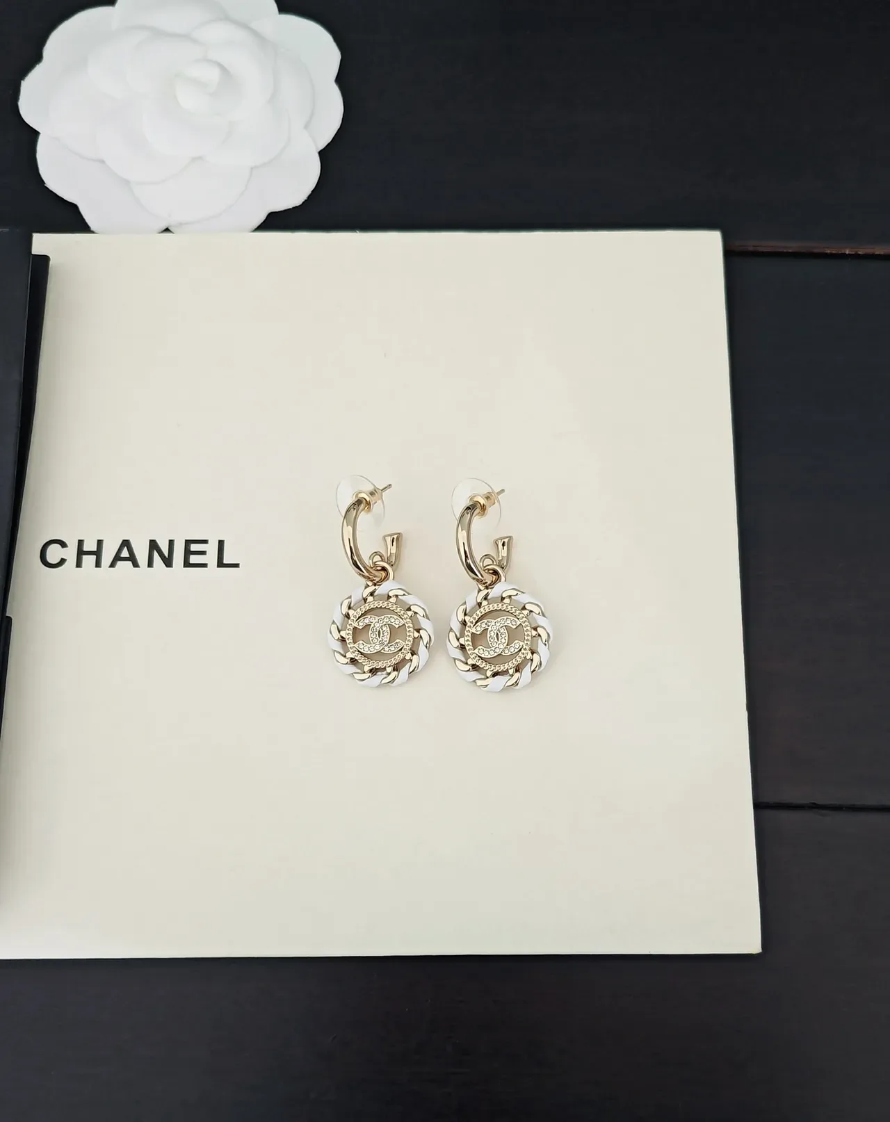 Chanel CC Chain Motif Gold-Tone and White Earrings 5