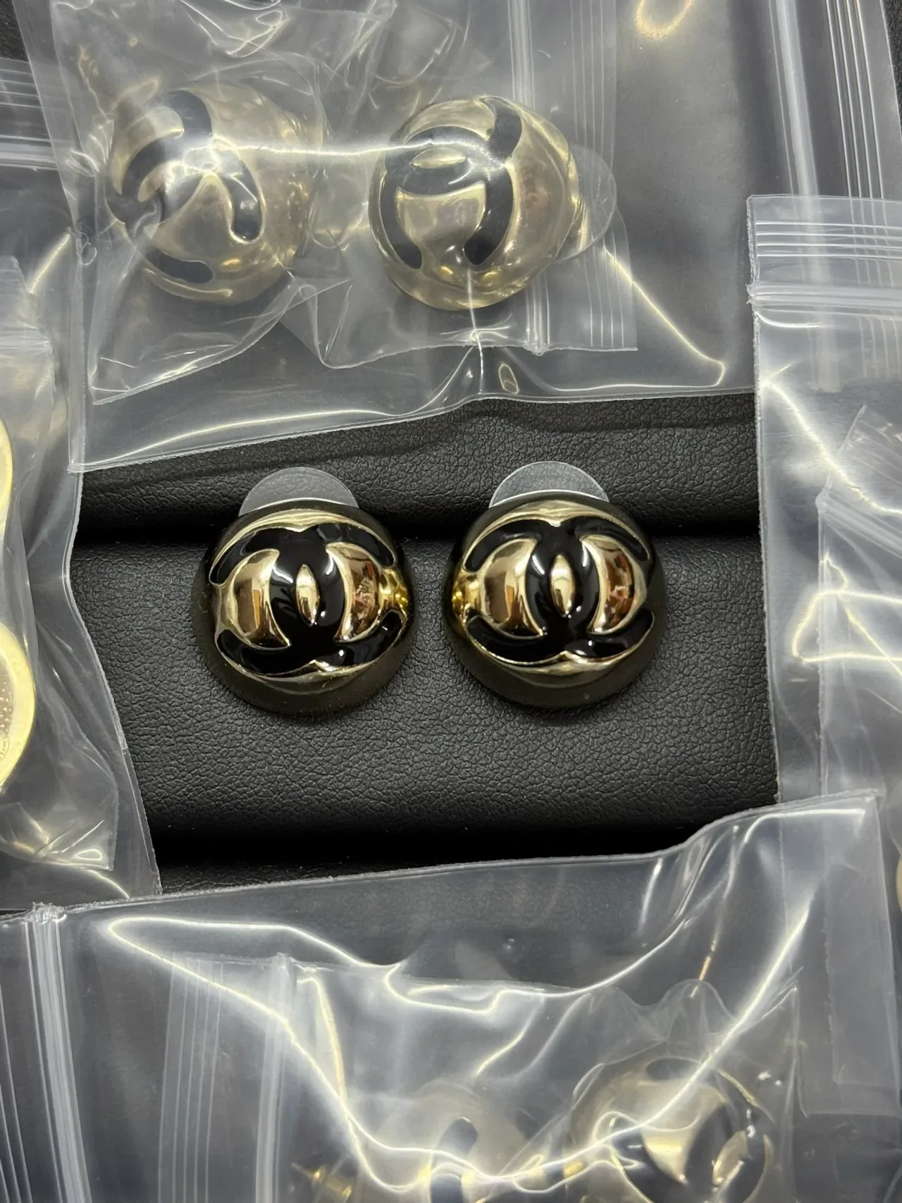 Chanel CC Logo Black Gold Round Domed Enamel Earrings 2