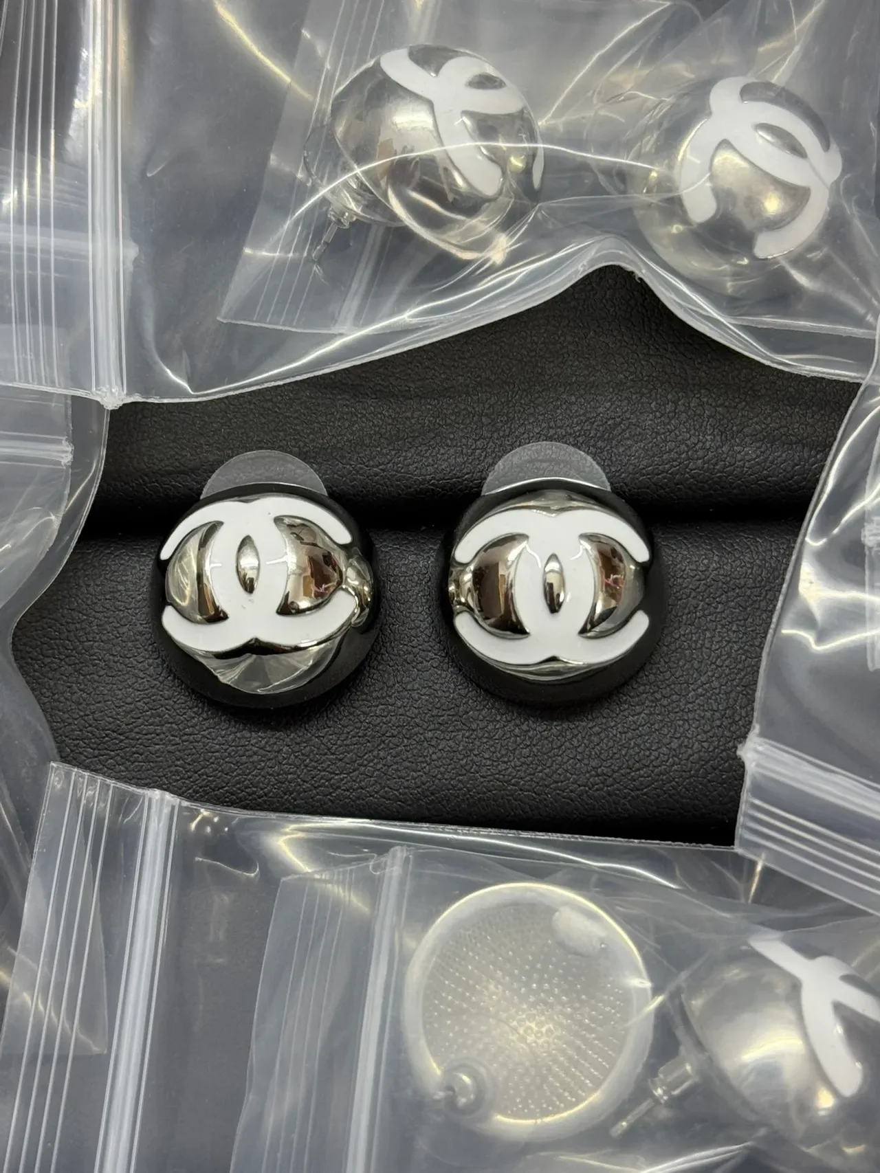 Chanel CC Logo Black Gold Round Domed Enamel Earrings 3