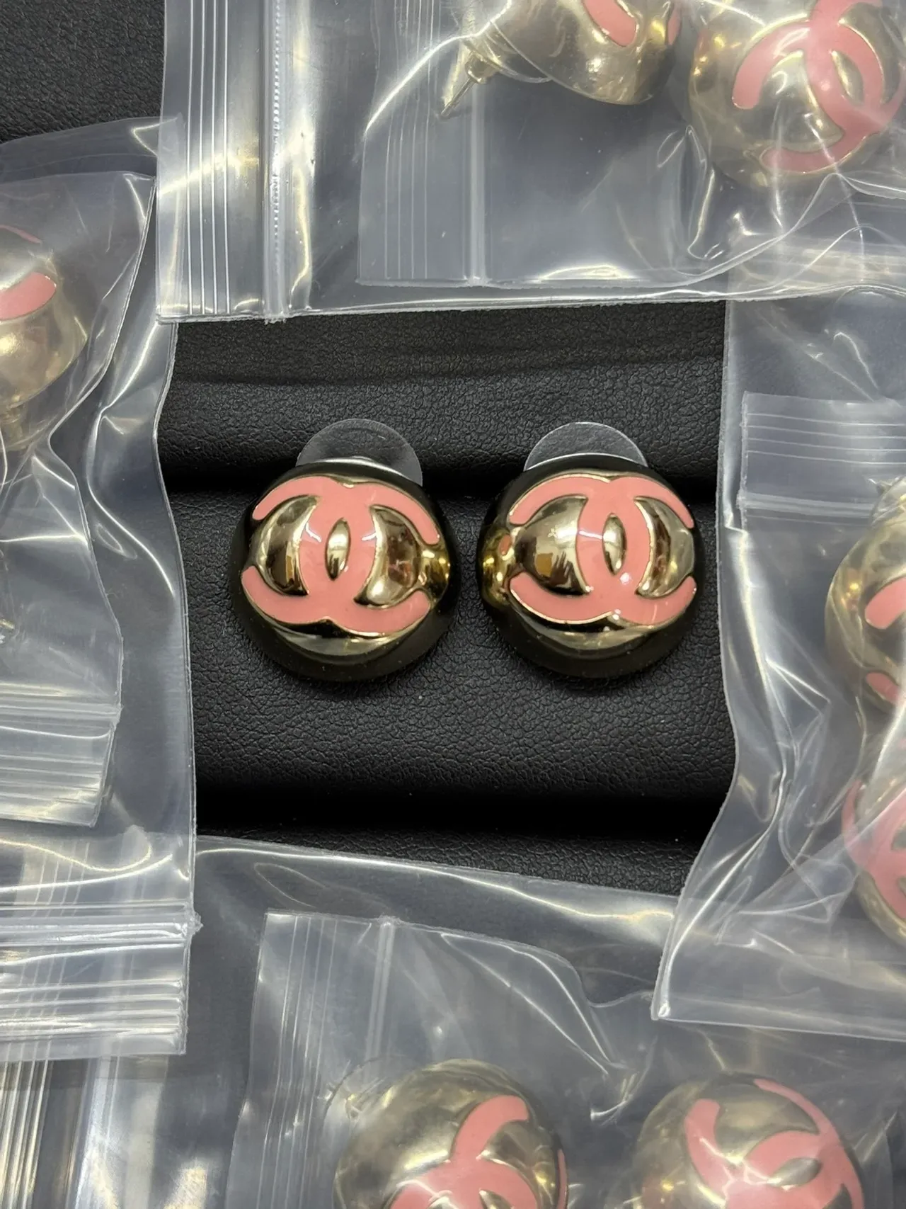 Chanel CC Logo Black Gold Round Domed Enamel Earrings 4