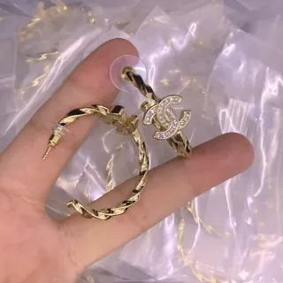 Chanel CC Logo Aros Dorados Transparente Trenza Torcida Pavé Cristal Pendientes