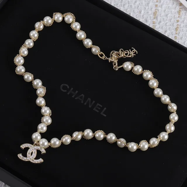 Chanel CC Logo Pearl Set White Gold Strand Crystal-Embellished Necklace 9