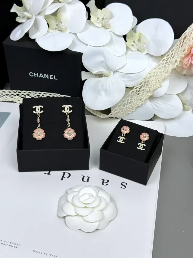 Chanel CC Logo Pink Enamel Flower Pearl Drop Earrings 2