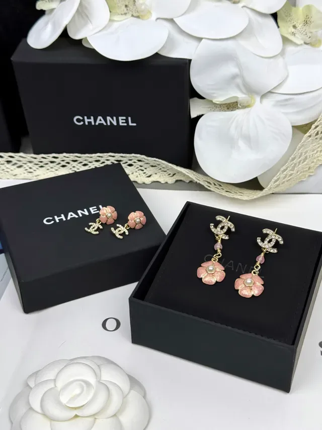Chanel CC Logo Pink Enamel Flower Pearl Drop Earrings 3