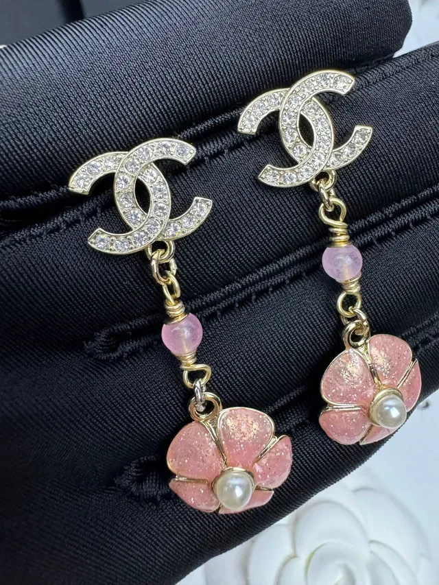 Chanel CC Logo Pink Enamel Flower Pearl Drop Earrings 5
