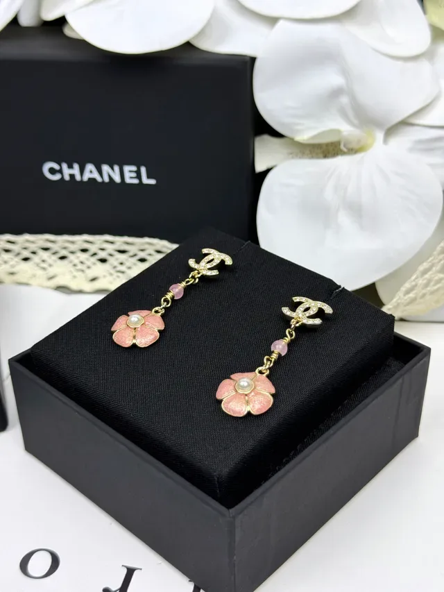 Chanel CC Logo Pink Enamel Flower Pearl Drop Earrings 6