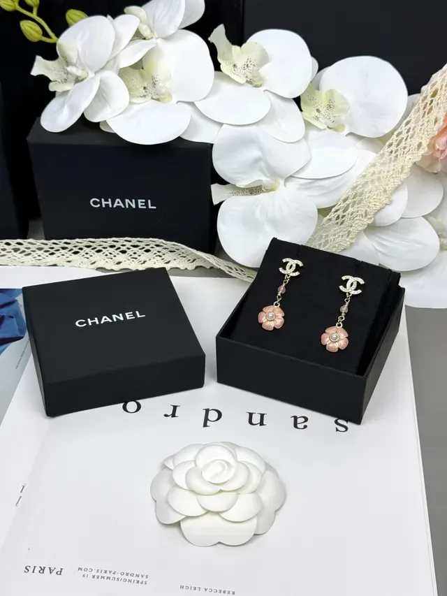 Chanel CC Logo Pink Enamel Flower Pearl Drop Earrings 7