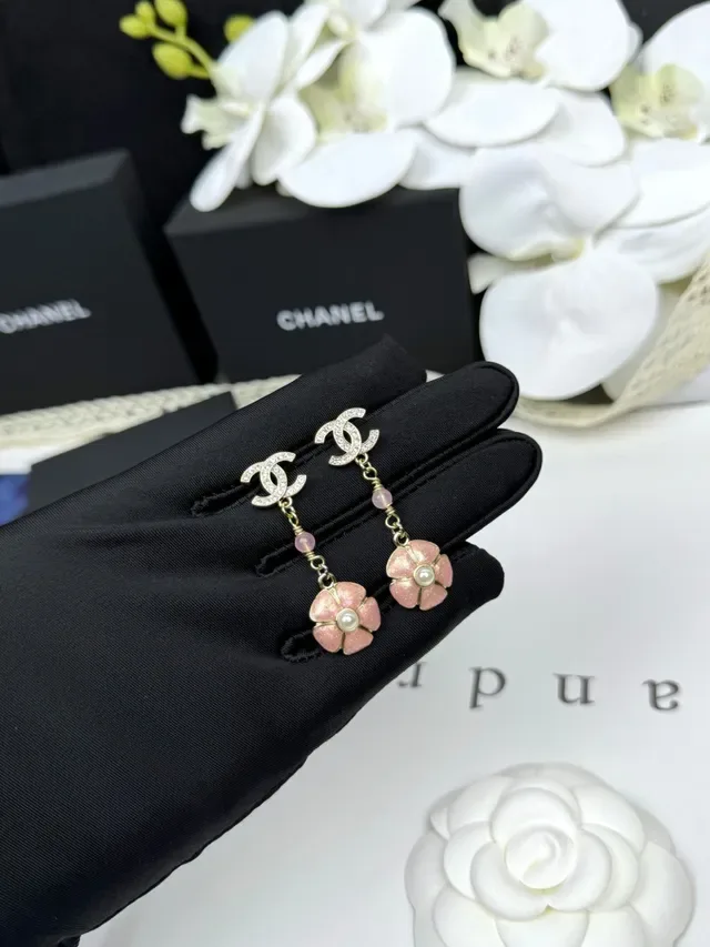 Chanel CC Logo Pink Enamel Flower Pearl Drop Earrings 8