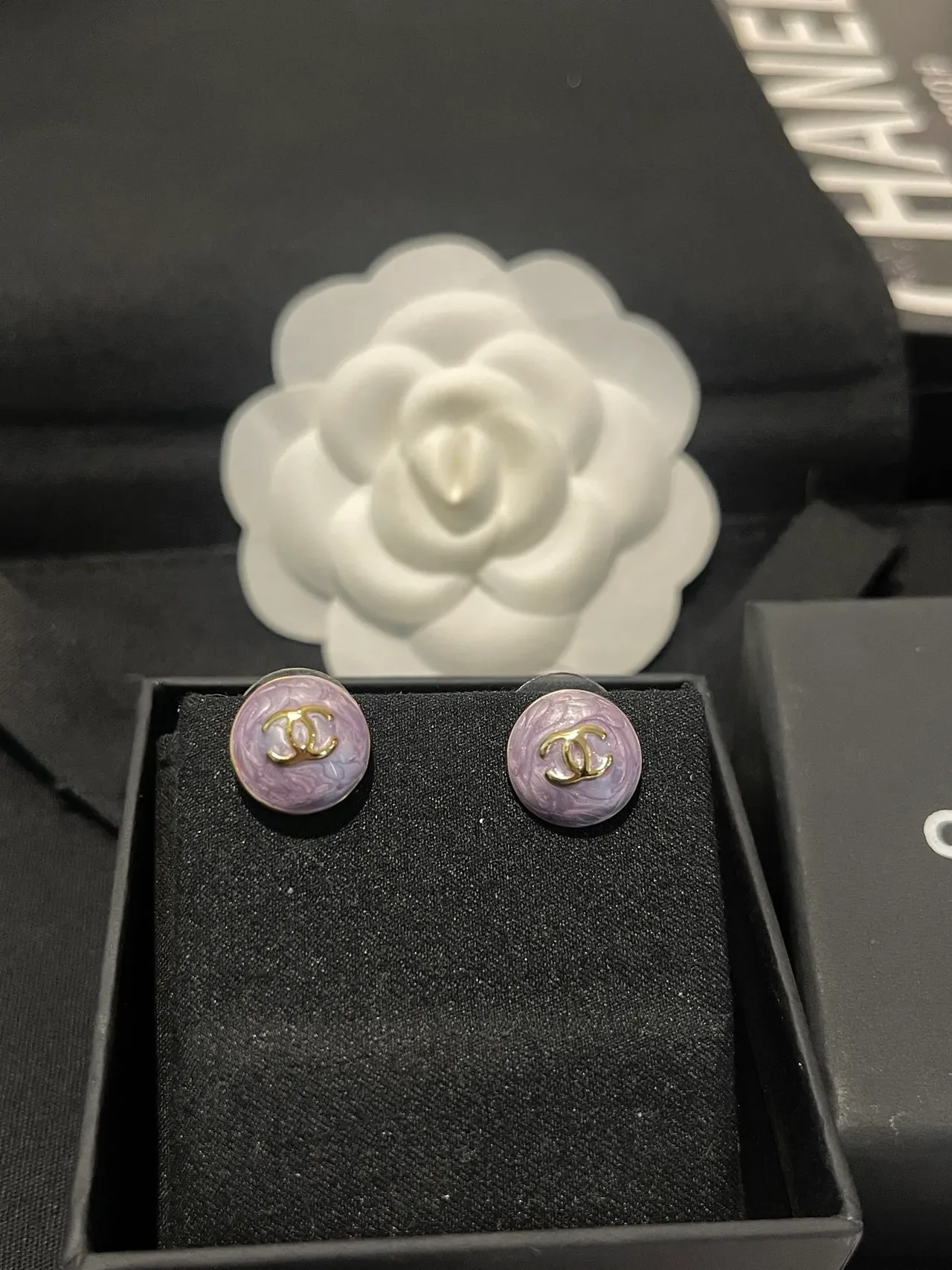 Chanel CC Stud Purple Gold Round Enamel Finish Earrings 2