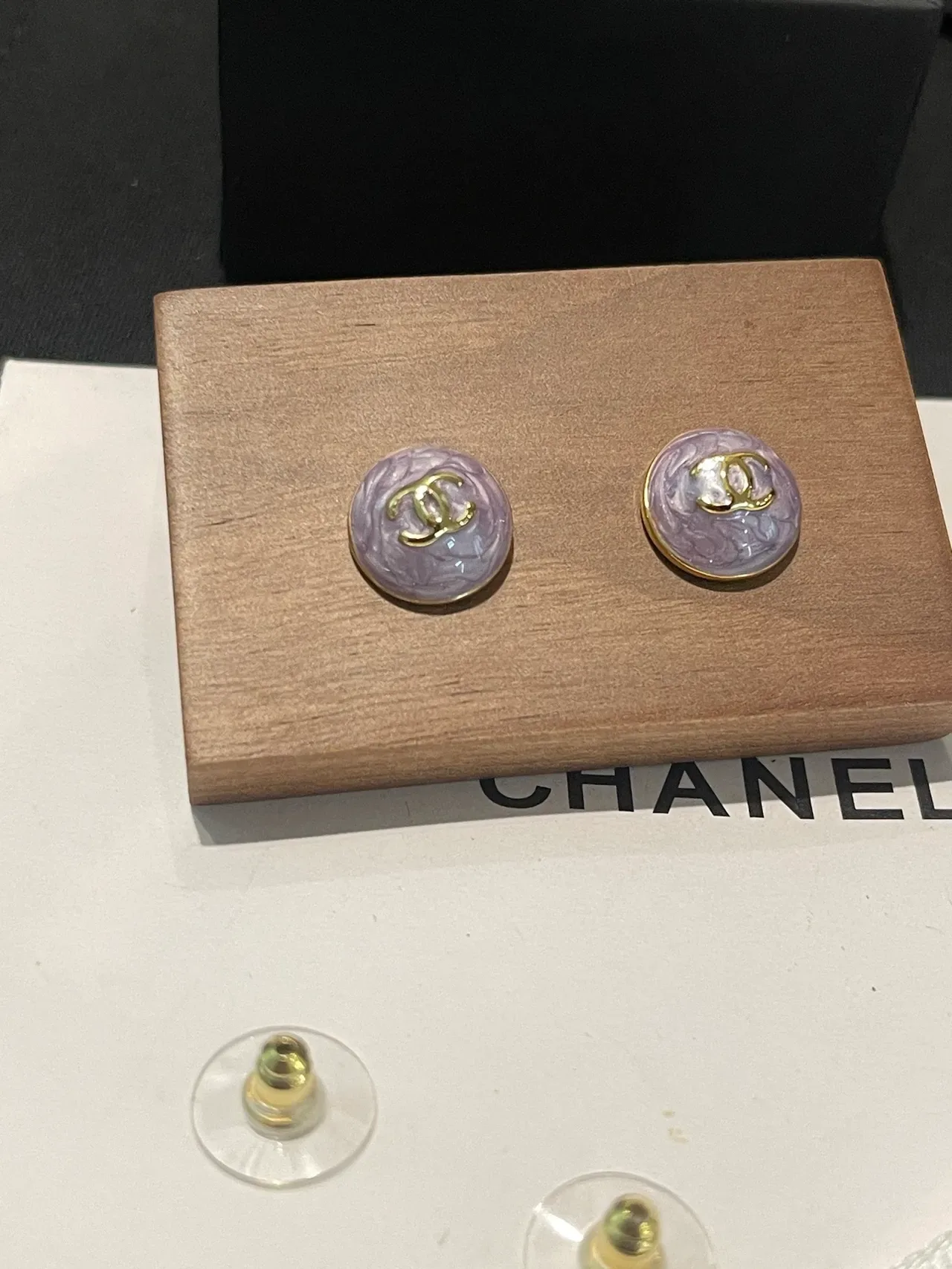 Chanel CC Stud Purple Gold Round Enamel Finish Earrings 4