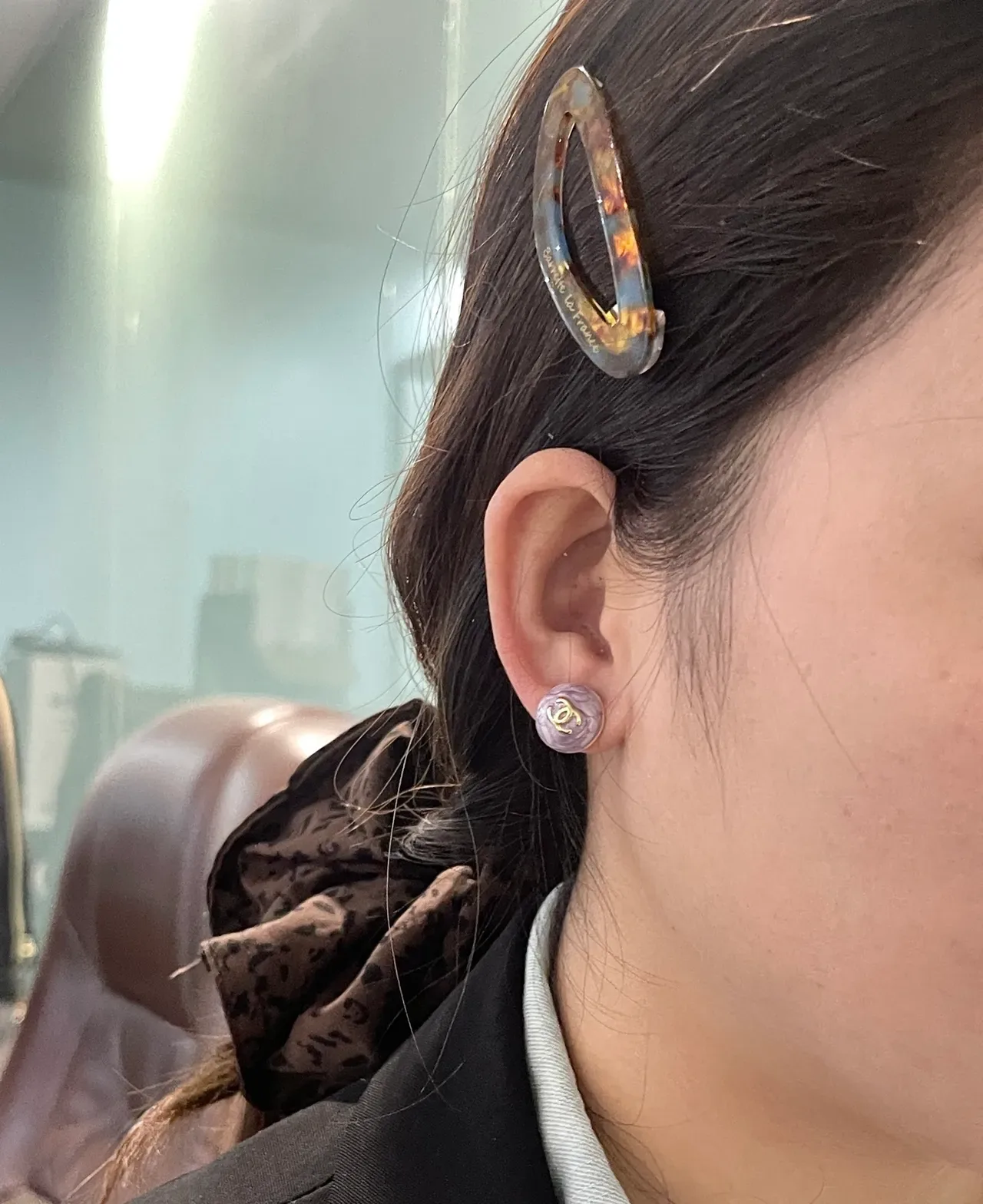 Chanel CC Stud Purple Gold Round Enamel Finish Earrings 7