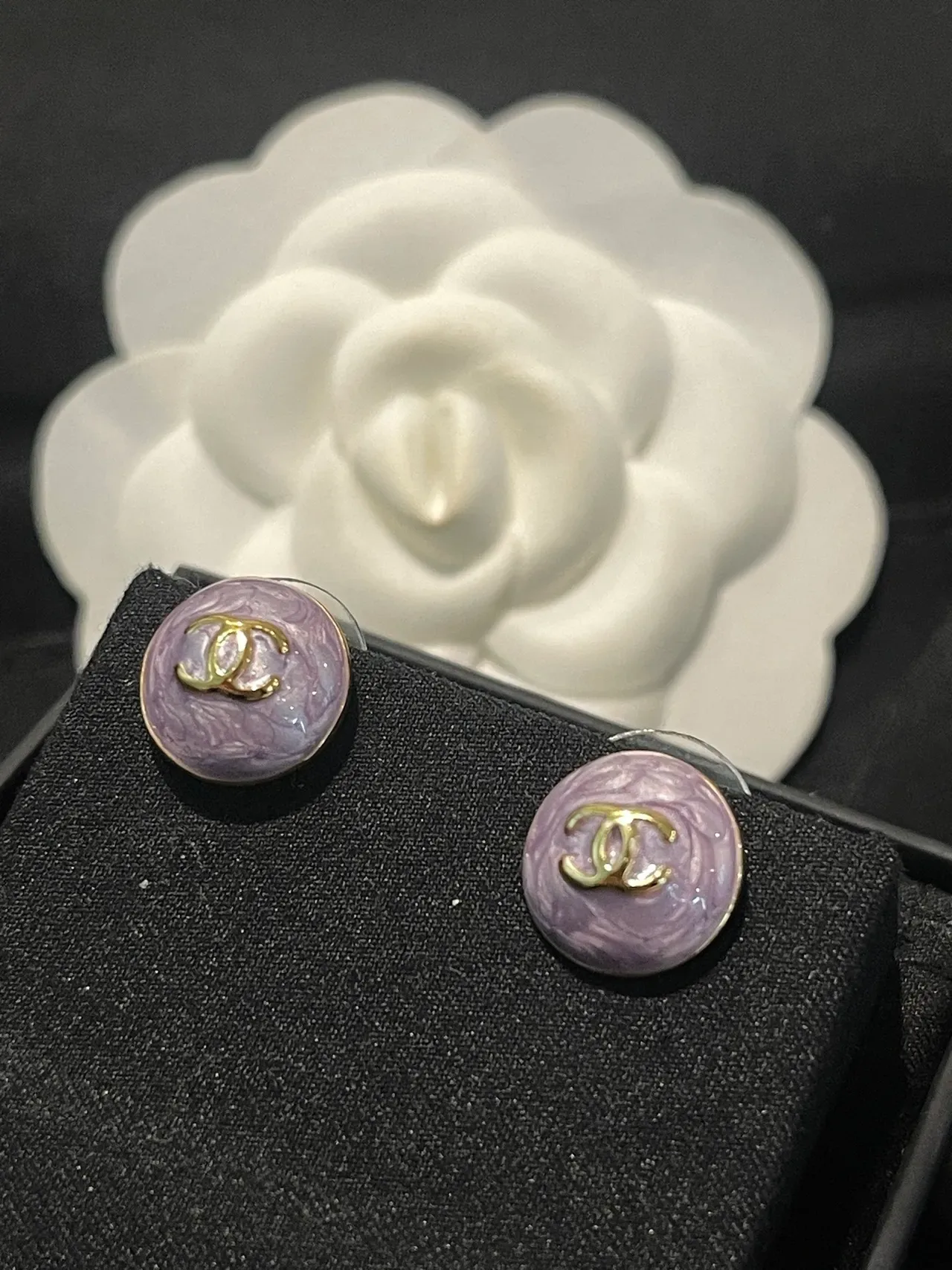 Chanel CC Stud Purple Gold Round Enamel Finish Earrings 10