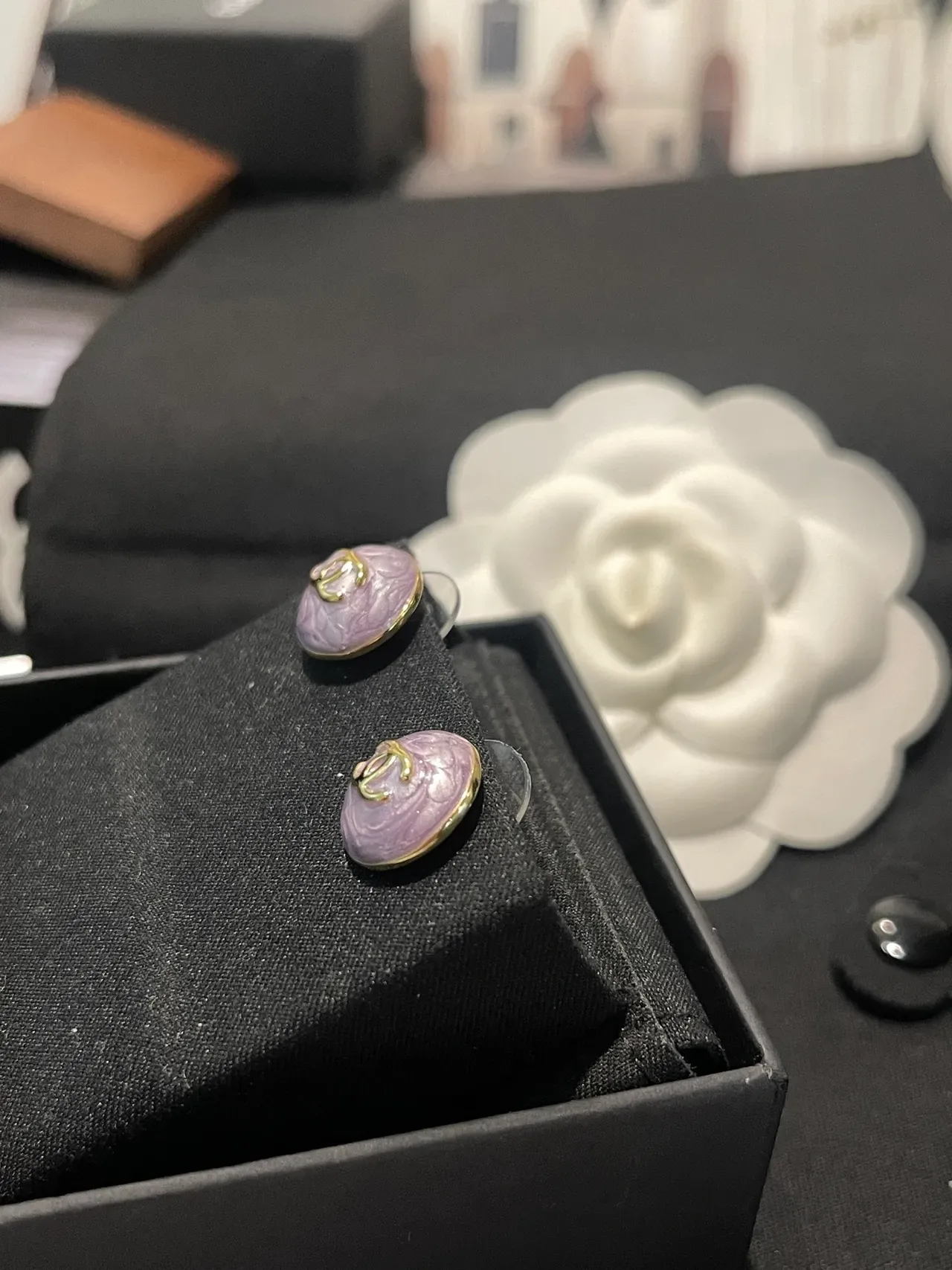 Chanel CC Stud Purple Gold Round Enamel Finish Earrings 11