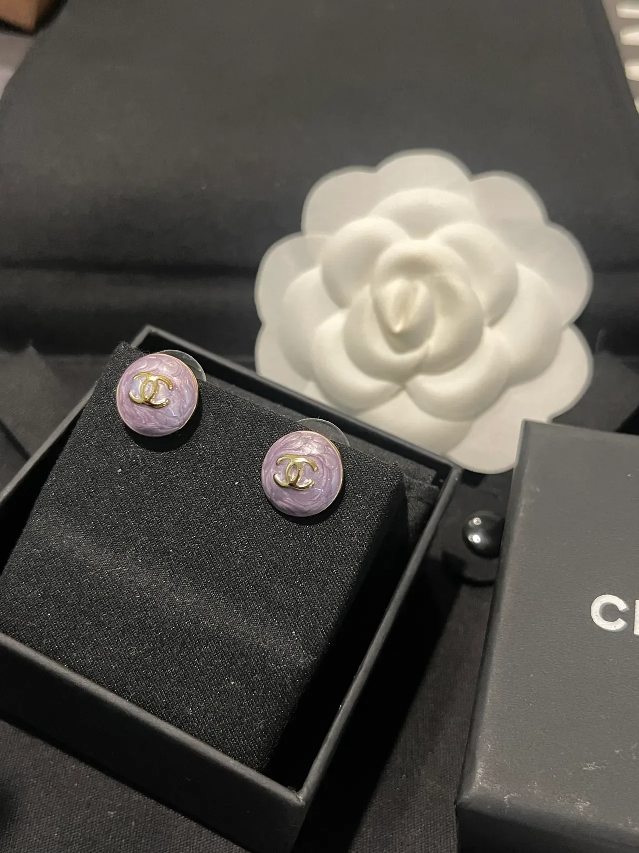 Chanel CC Stud Purple Gold Round Enamel Finish Earrings 12