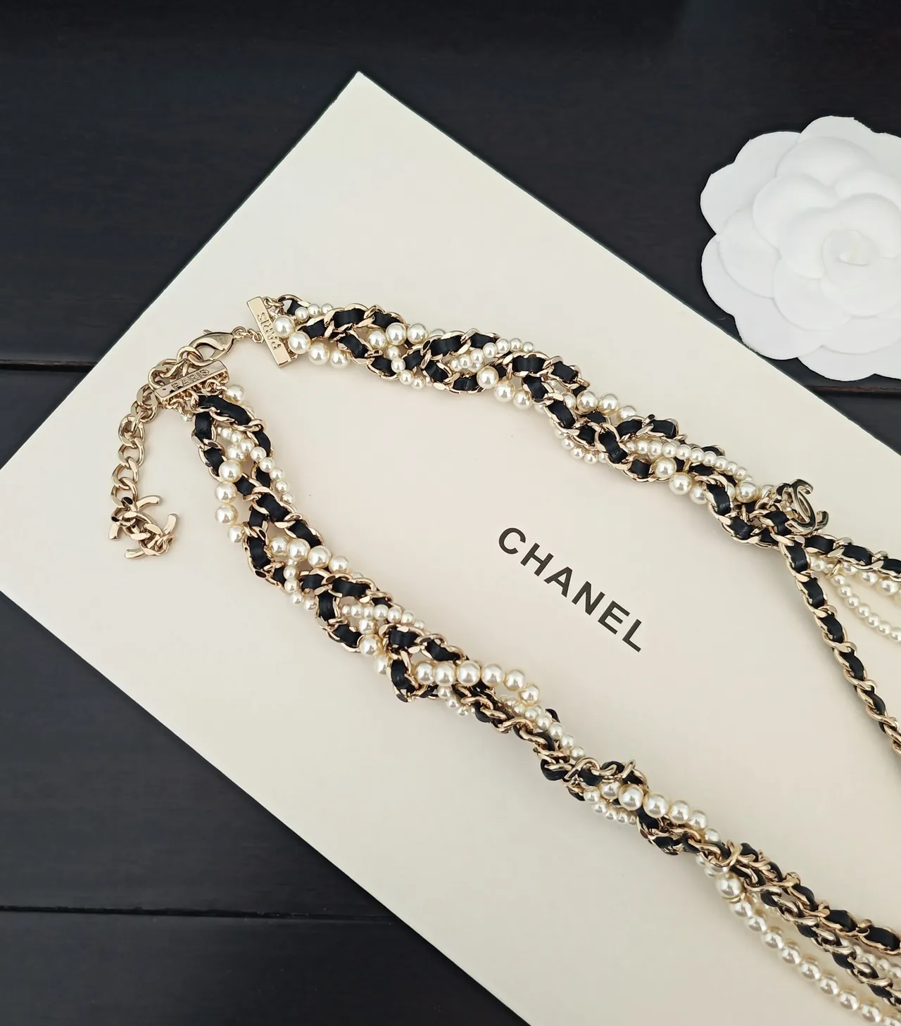 Chanel Classic Pearl Chain Necklace Gold Black White Necklaces 2