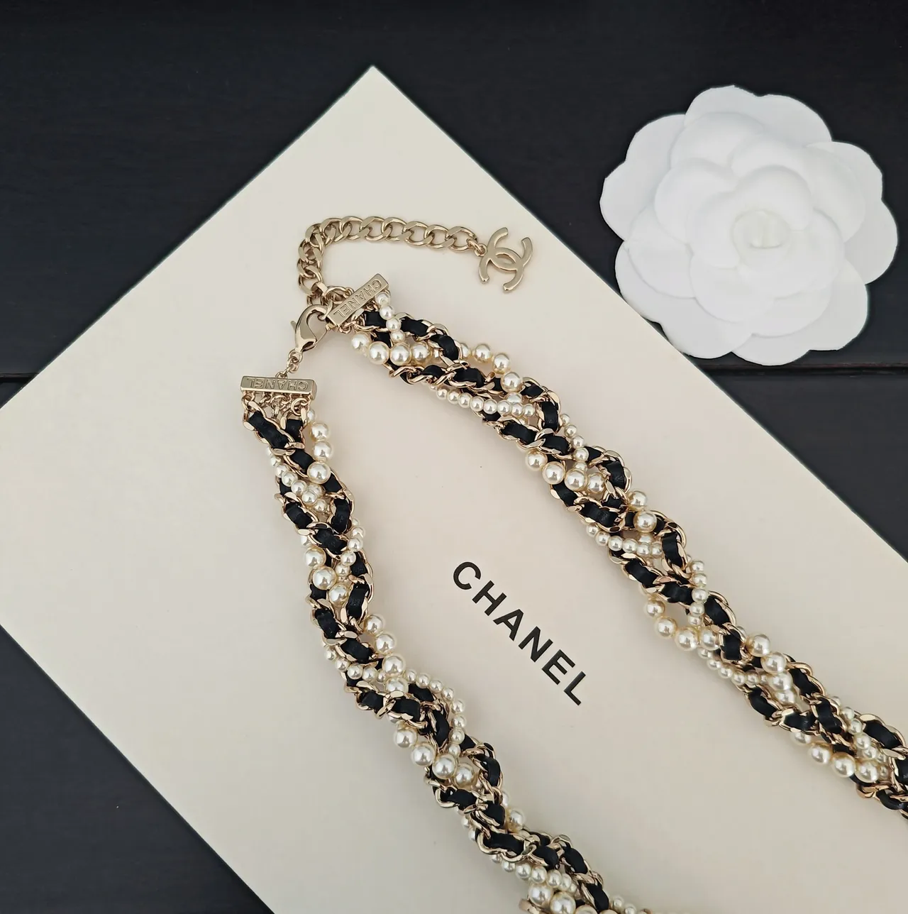 Chanel Classic Pearl Chain Necklace Gold Black White Necklaces 3