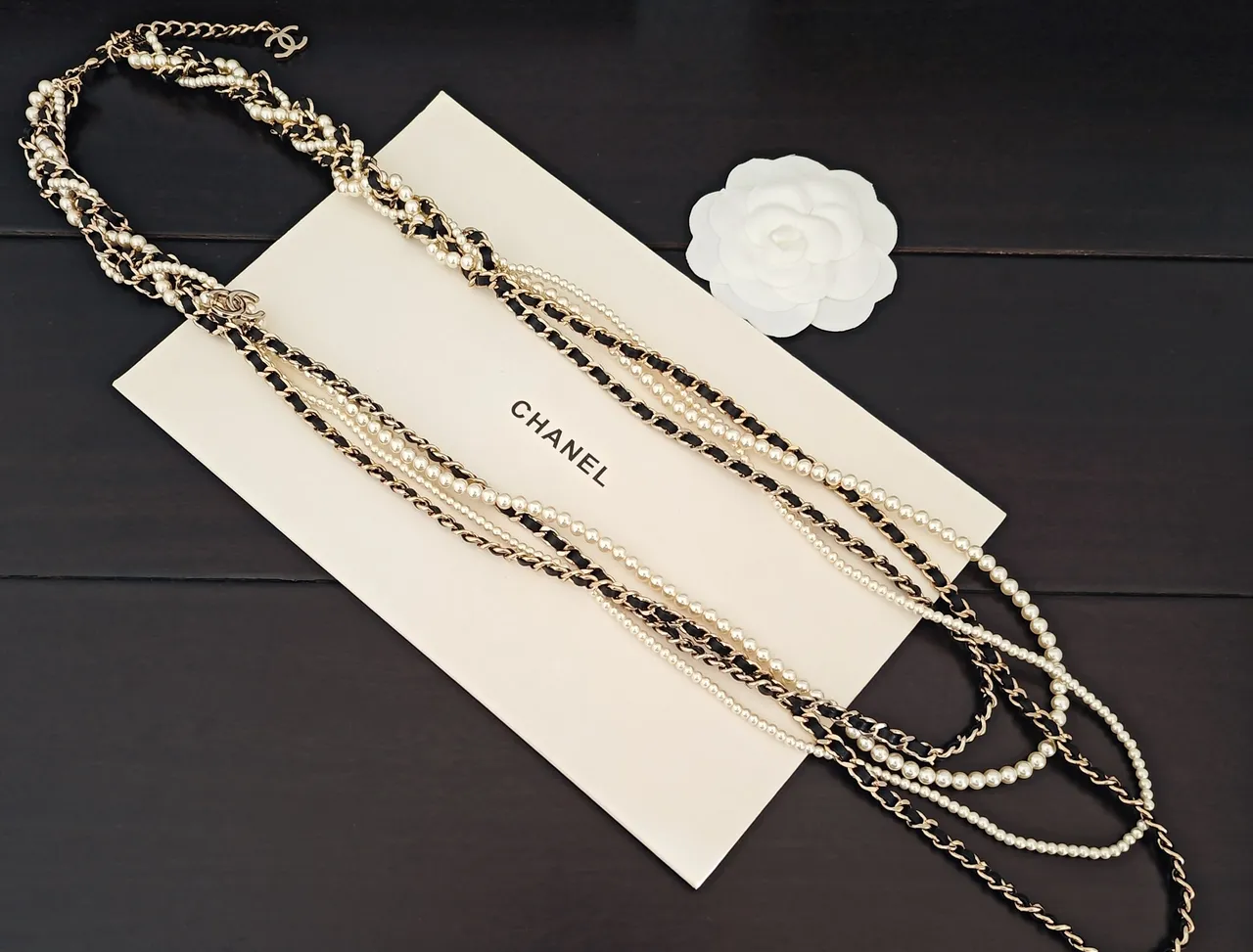 Chanel Classic Pearl Chain Necklace Gold Black White Necklaces 4
