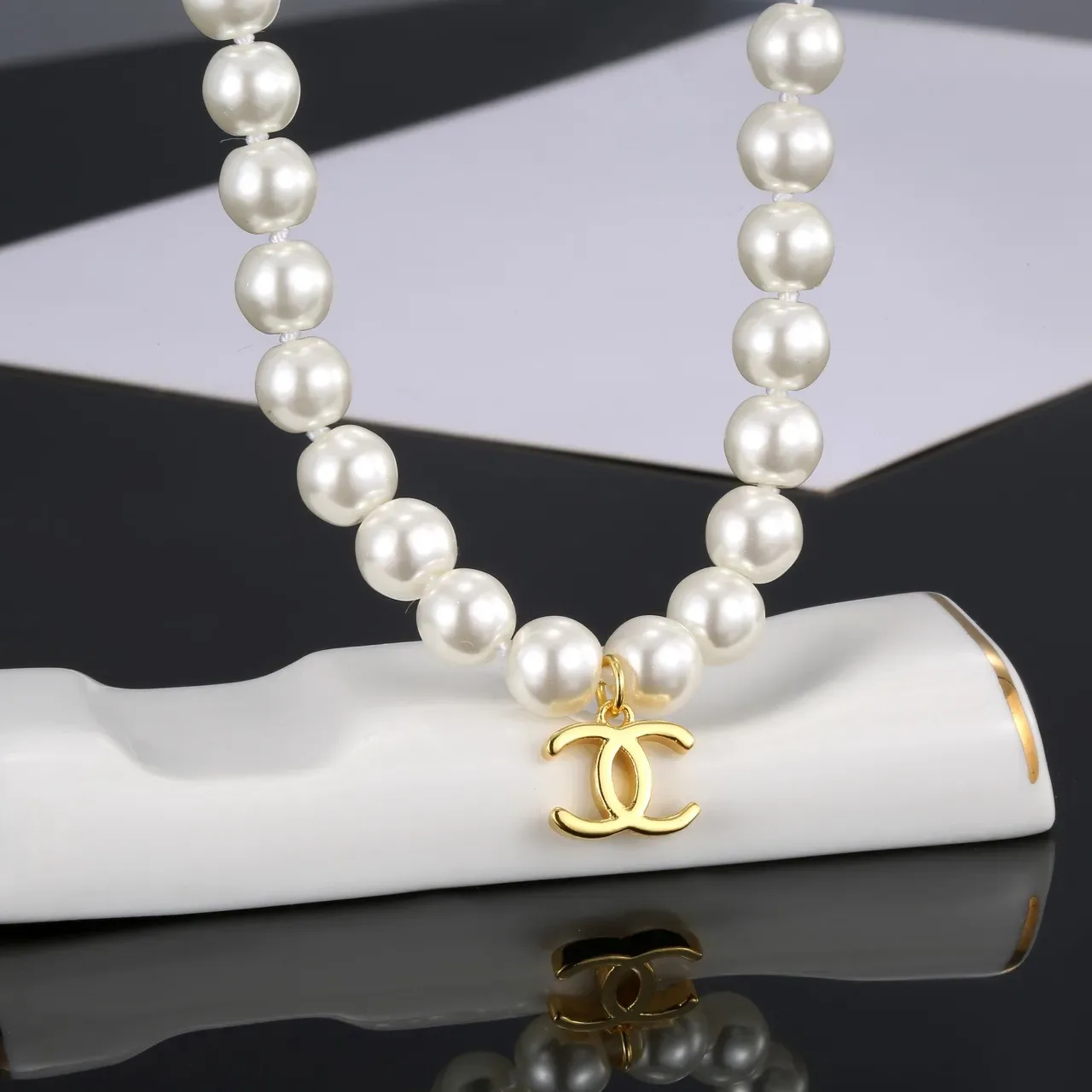 Chanel Classic Pearl Necklace White Gold Strand CC Pendant Necklace 2