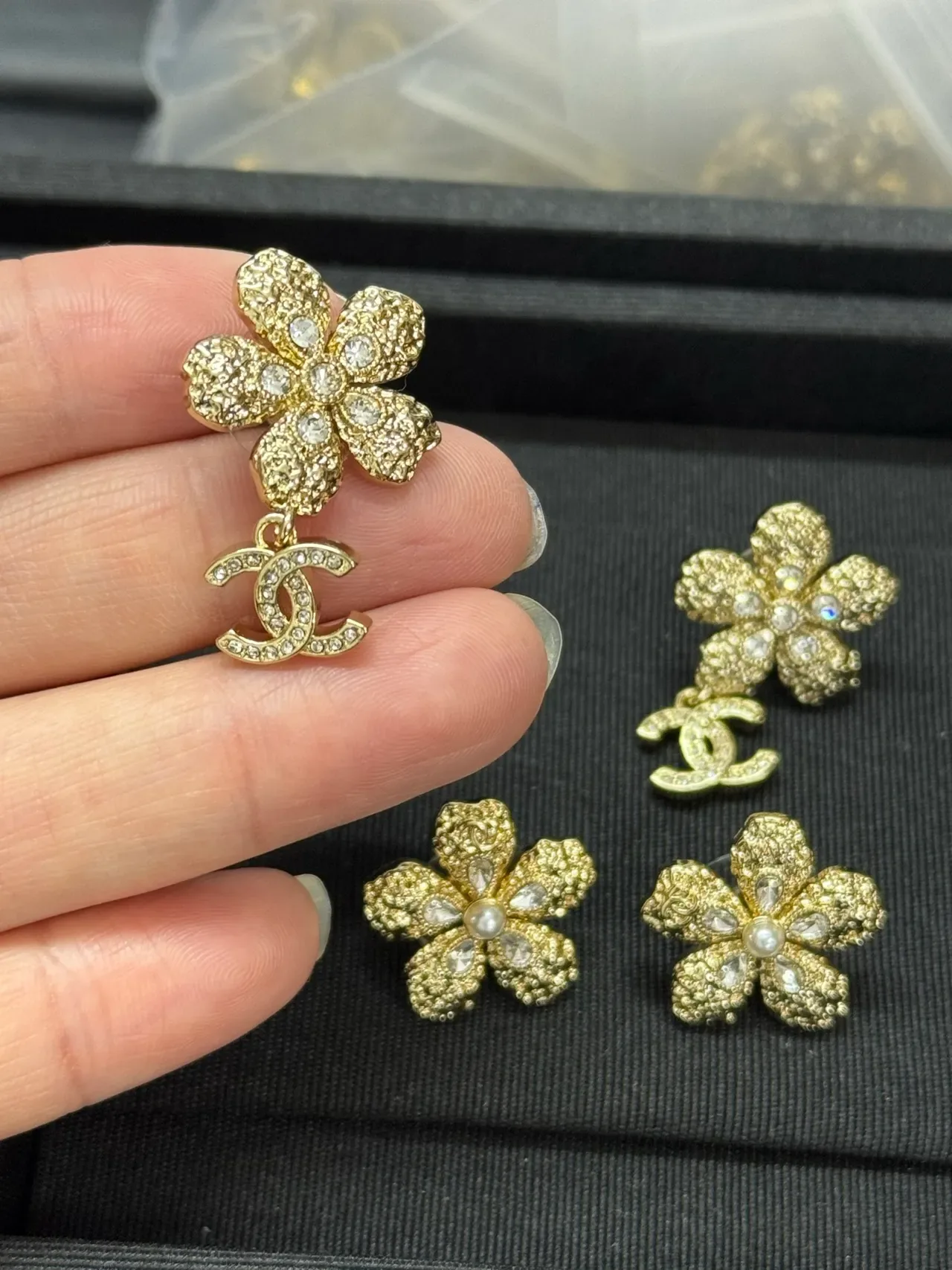Chanel Floral Crystal CC Logo Drop Earrings 3