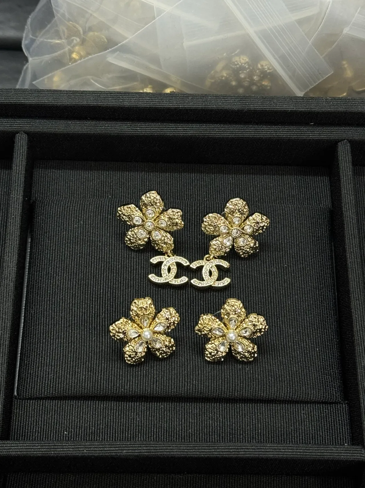 Chanel Floral Crystal CC Logo Drop Earrings 4