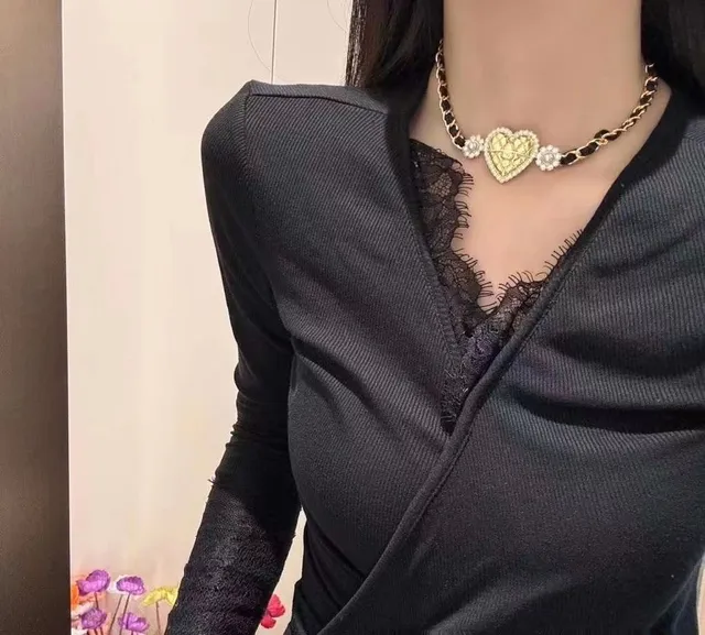 Chanel Gold Black Quilted Heart Pendant Pearl And Crystal Accents Necklace 2