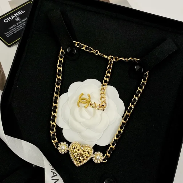 Chanel Gold Black Quilted Heart Pendant Pearl And Crystal Accents Necklace 4