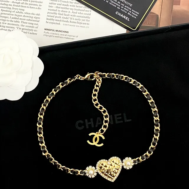 Chanel Gold Black Quilted Heart Pendant Pearl And Crystal Accents Necklace 6