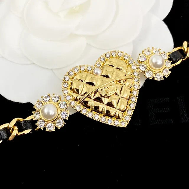 Chanel Gold Black Quilted Heart Pendant Pearl And Crystal Accents Necklace 7