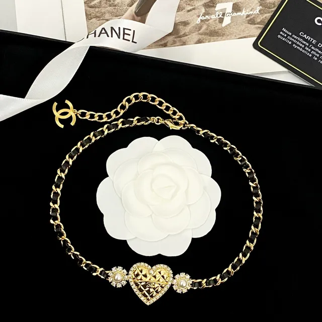 Chanel Gold Black Quilted Heart Pendant Pearl And Crystal Accents Necklace 8