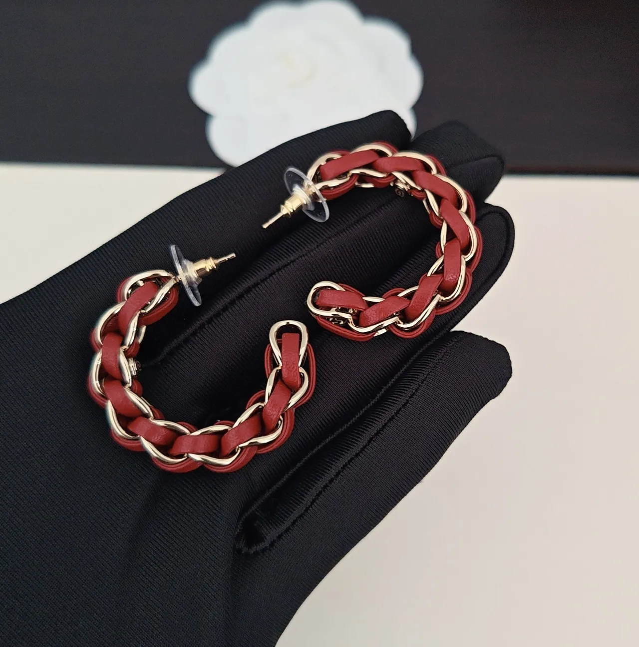 Chanel Interwoven Leather and Chain Hoop Earrings 5