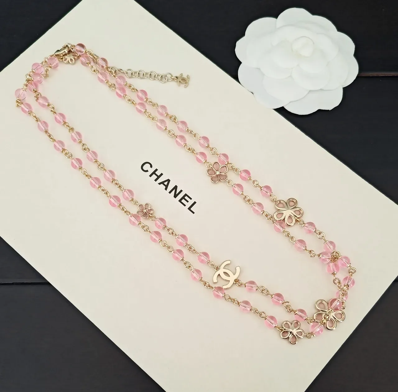Chanel Pink Beaded Flower Chain Necklace 2