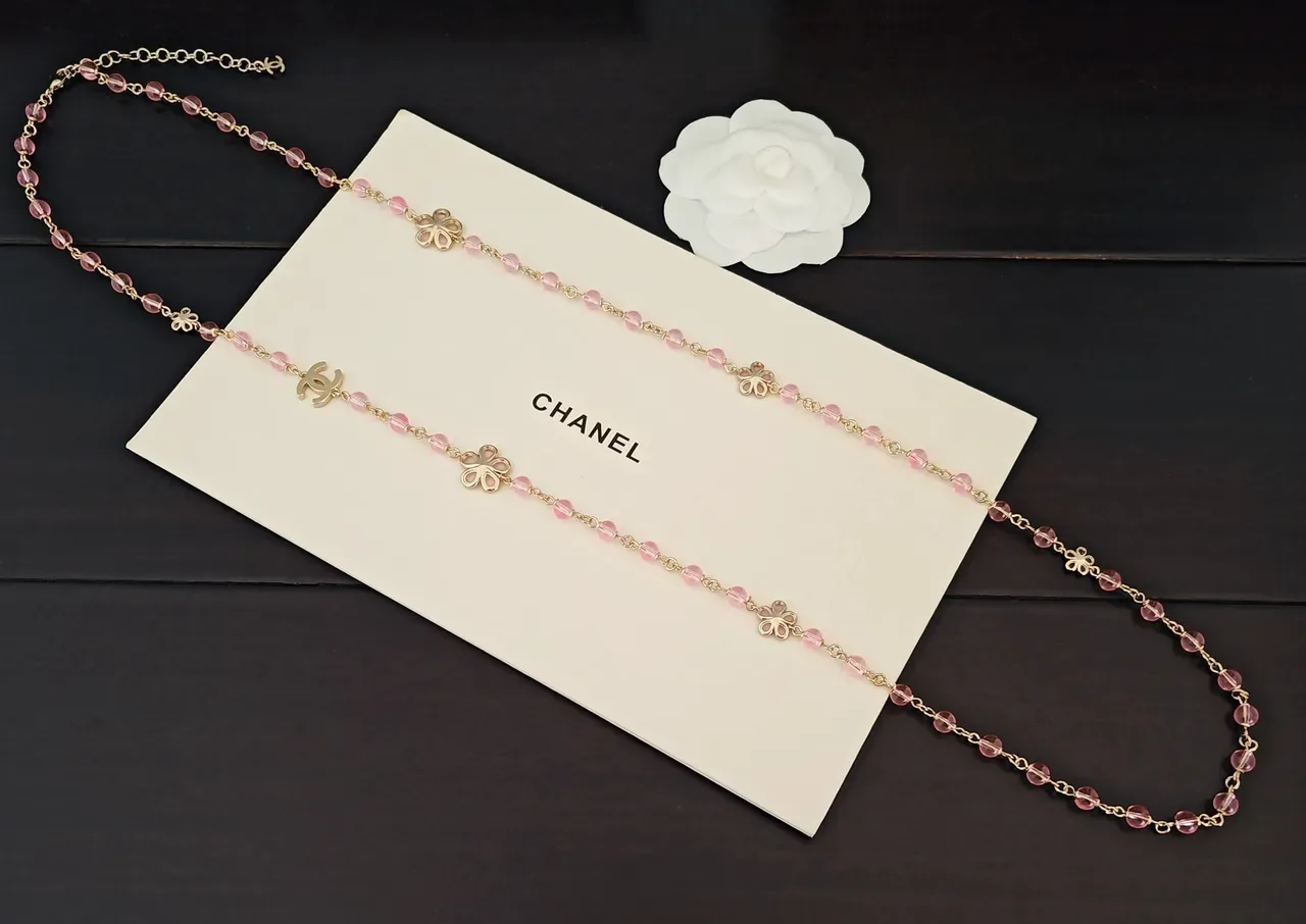 Chanel Pink Beaded Flower Chain Necklace 3
