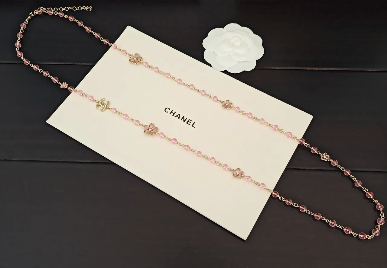 Chanel Pink Beaded Flower Chain Necklace 4
