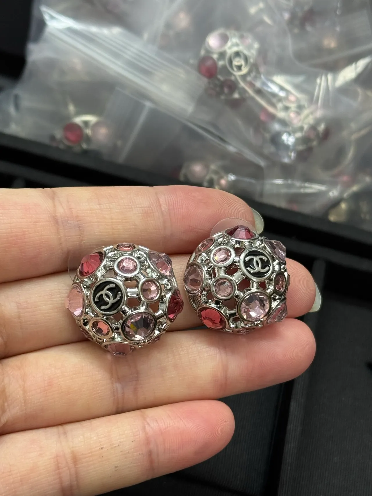 Chanel Pink Red Spherical Dome Openwork Lattice Earrings 5