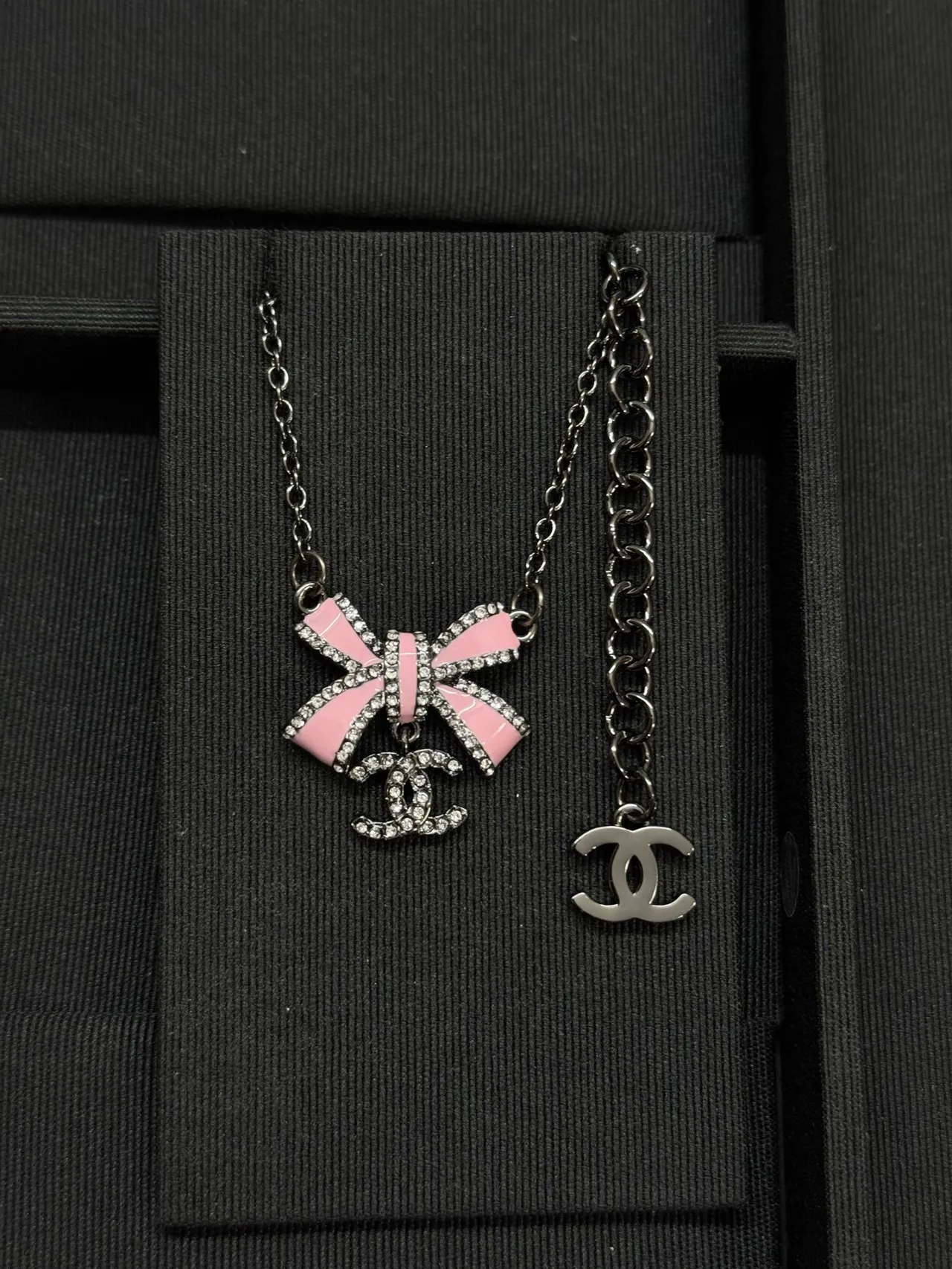 Chanel Pink Silver Enamel Bow Pendant Crystal-Encrusted Edges Necklace 6