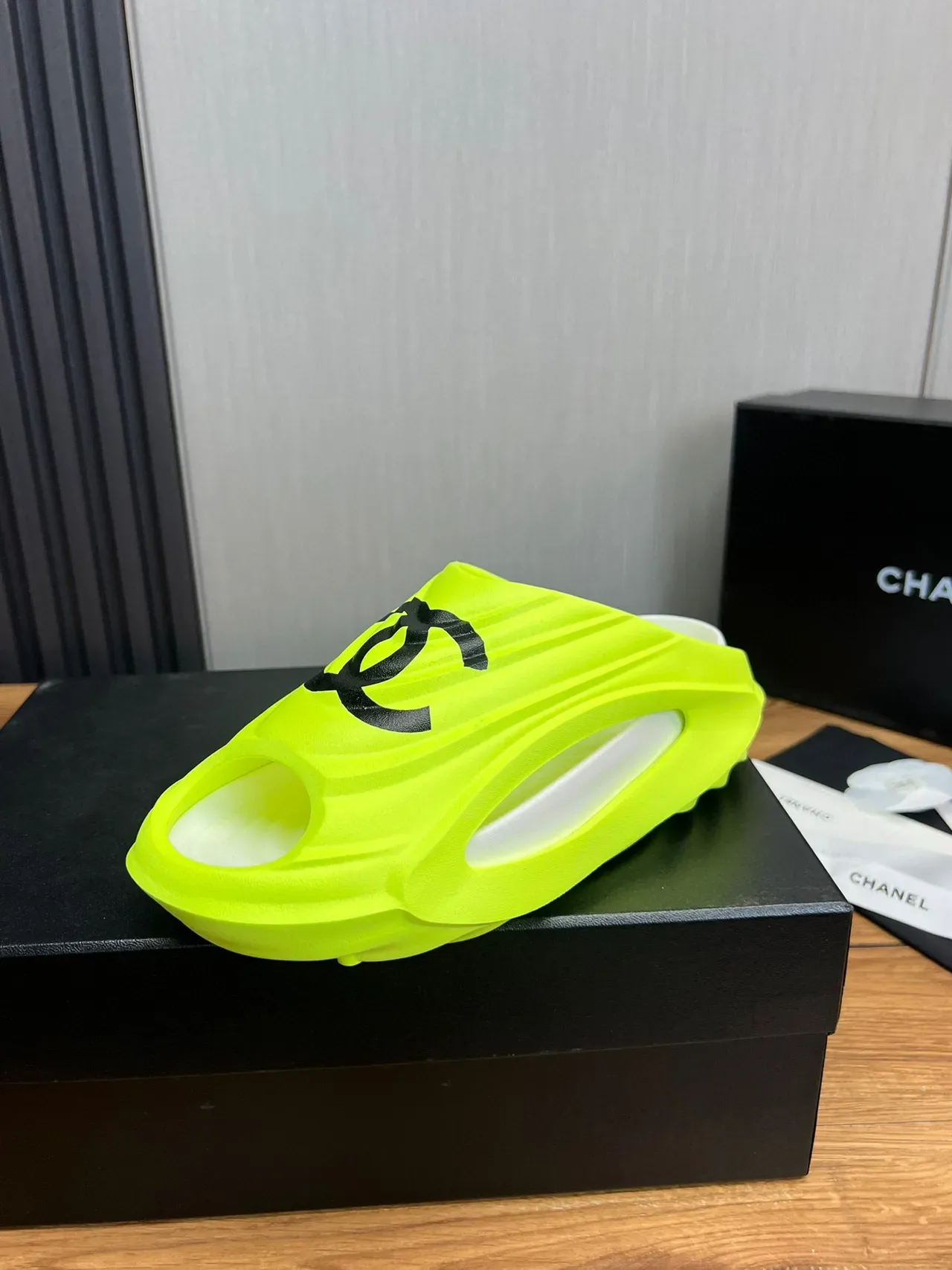 Chanel Slide Neon Lime Black Logo Slippers 2