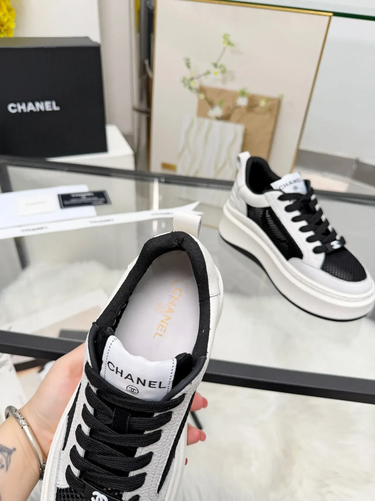 Chanel White Black Chunky Platform Sole Mixed Leather And Mesh Upper Lifestyle Sneakers 3