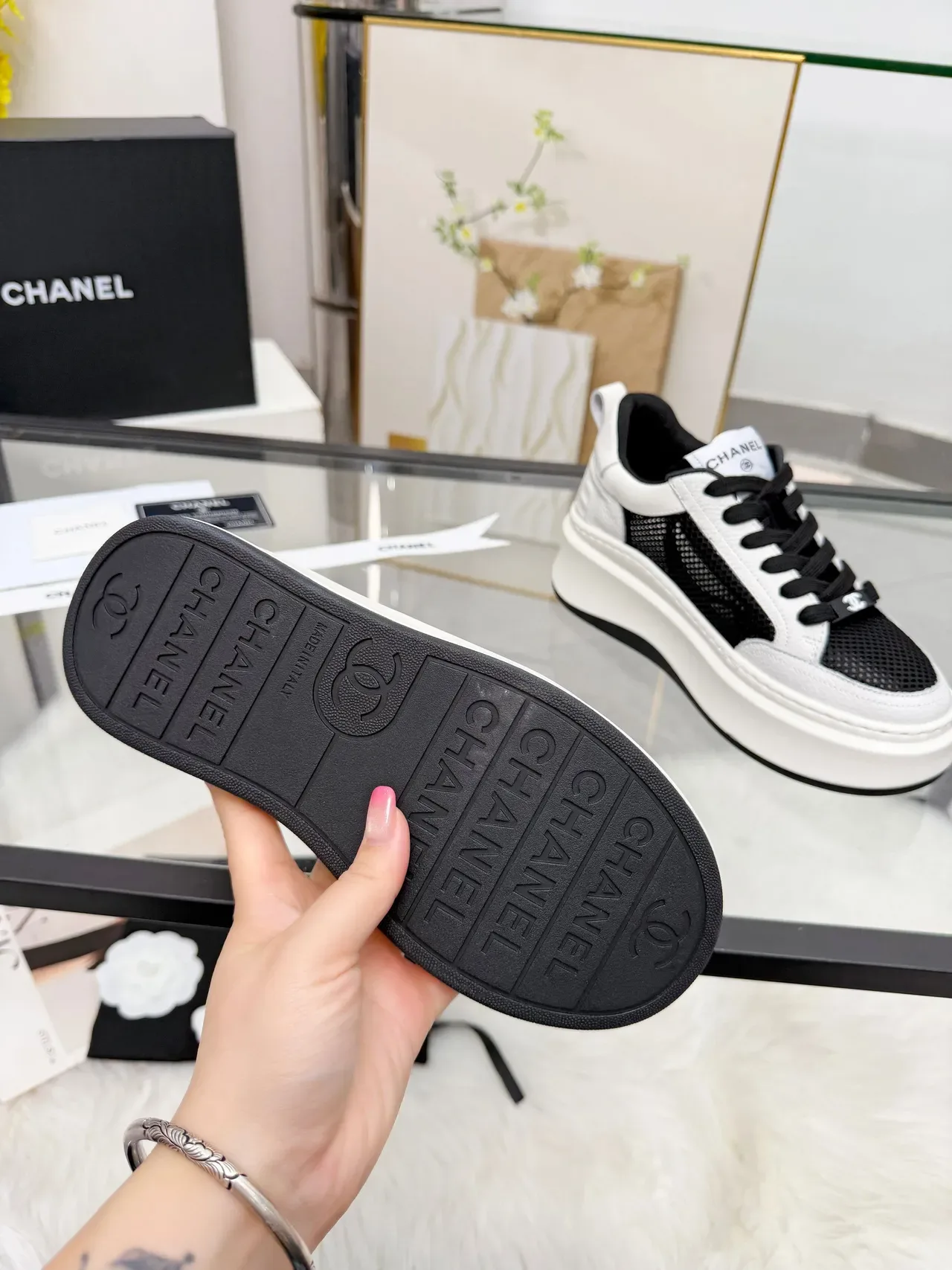 Chanel White Black Chunky Platform Sole Mixed Leather And Mesh Upper Lifestyle Sneakers 4