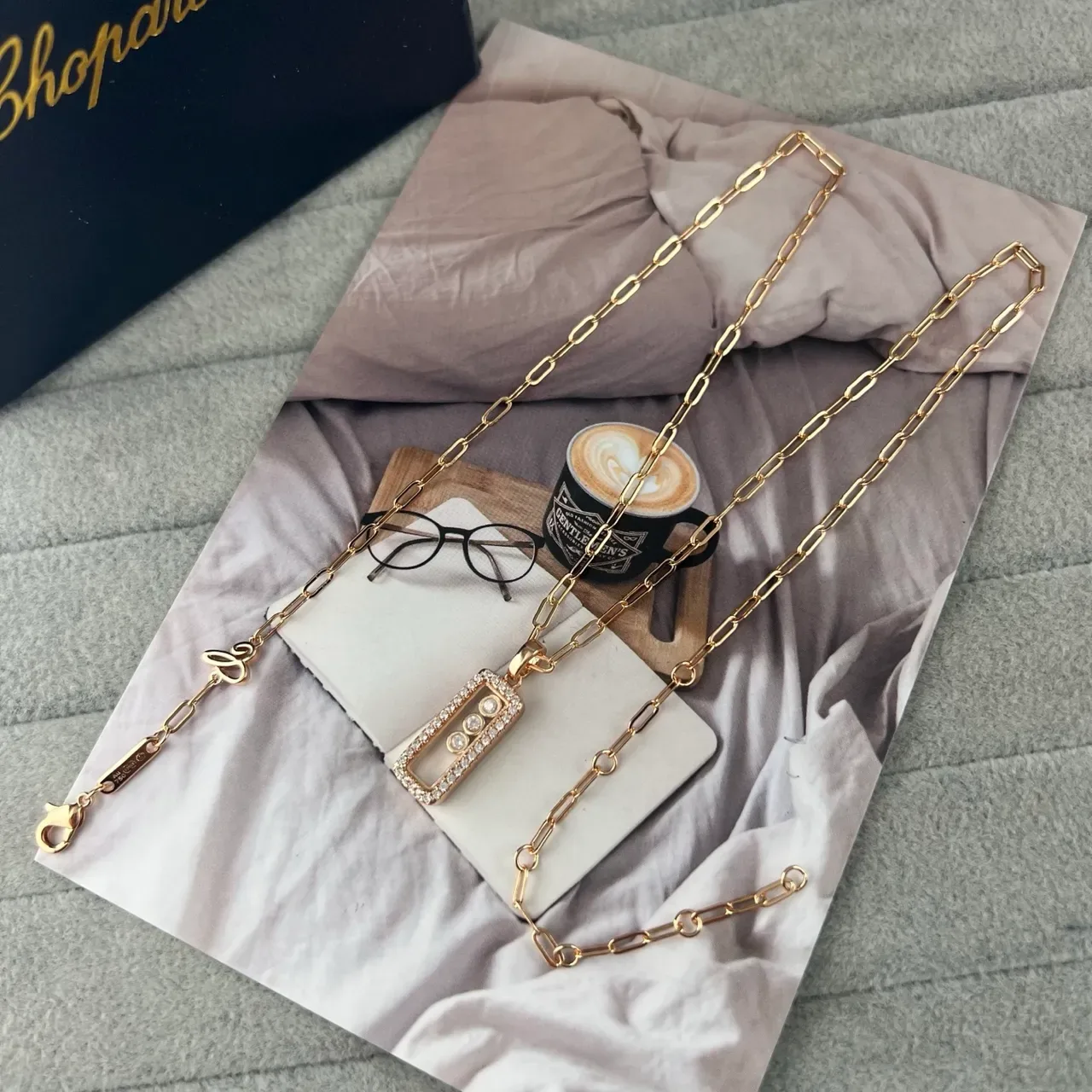 Chopard Gold Silver Rectangular Pavé-Set Pendant Three Central Round Stones Necklace 3