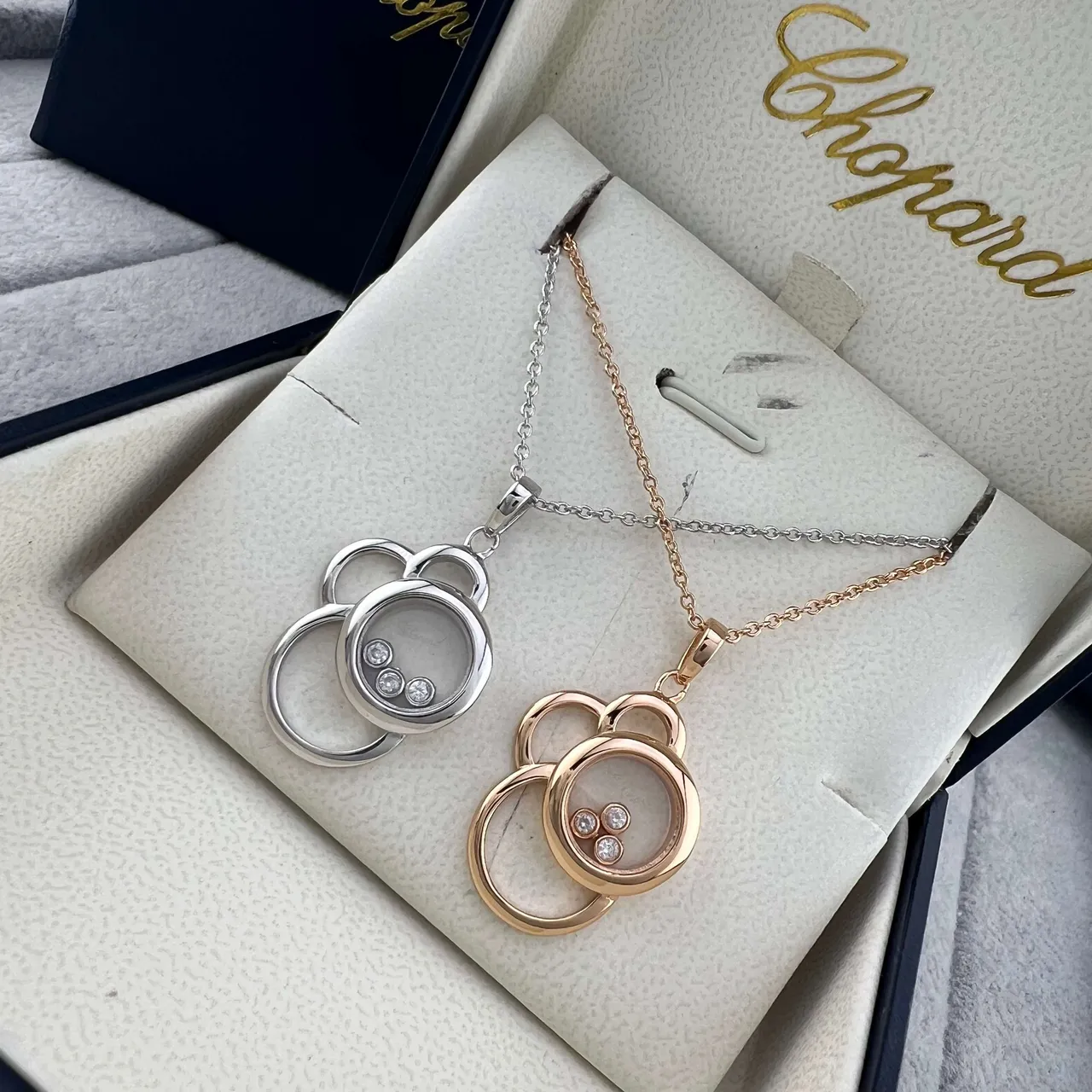 Chopard Silver Gold Interlocking Open-Circle Pendant Floating Diamonds Necklace 7