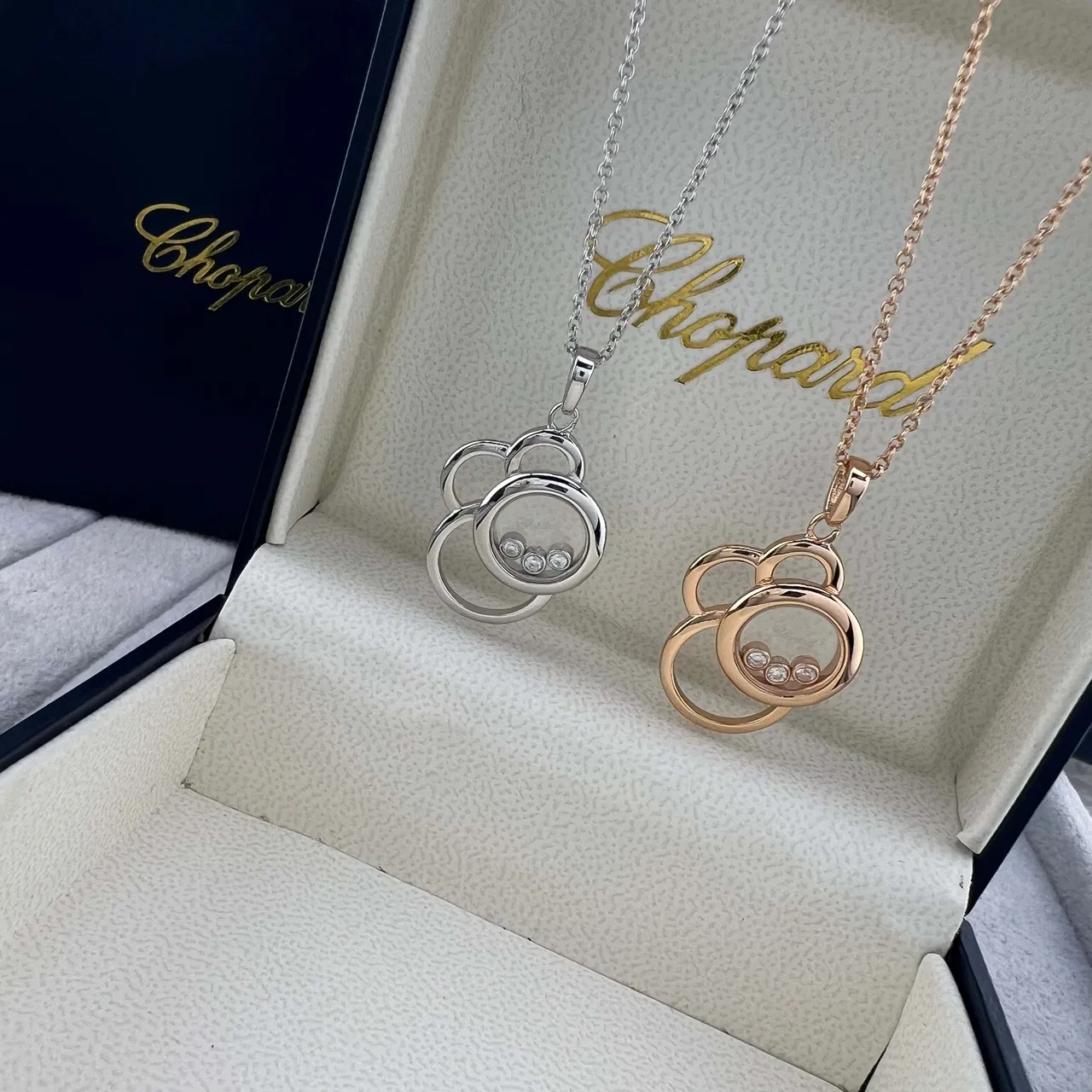 Chopard Silver Gold Interlocking Open-Circle Pendant Floating Diamonds Necklace 8