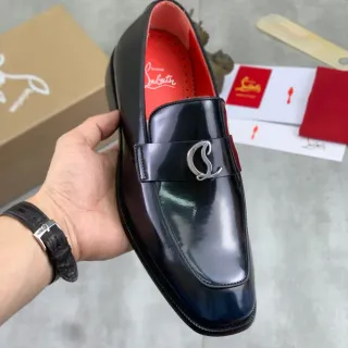 Christian Louboutin Mocassins Noir Rouge Cuir Patent Brillant Bout Carré