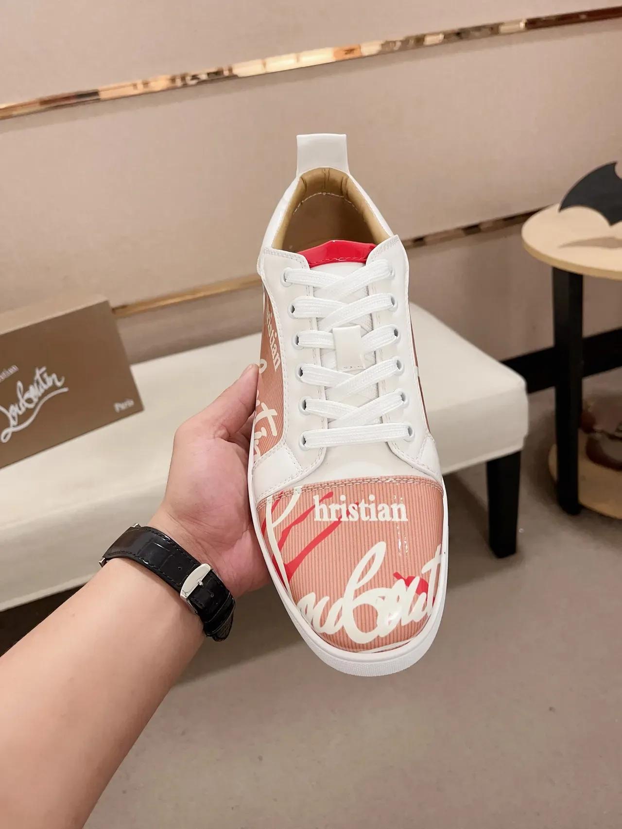 Christian Louboutin Pink White Low-Top Mixed-Material Upper Lifestyle Sneakers 5