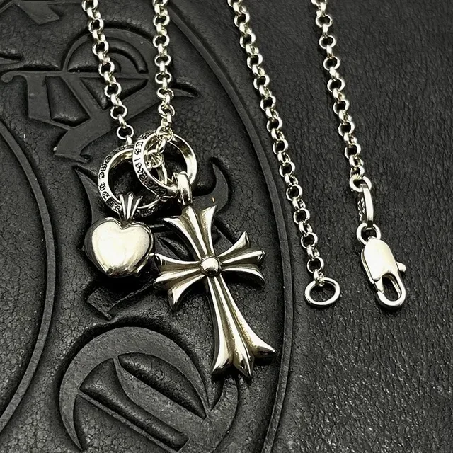 Chrome Hearts Cross and Heart Charm Silver Necklace 4